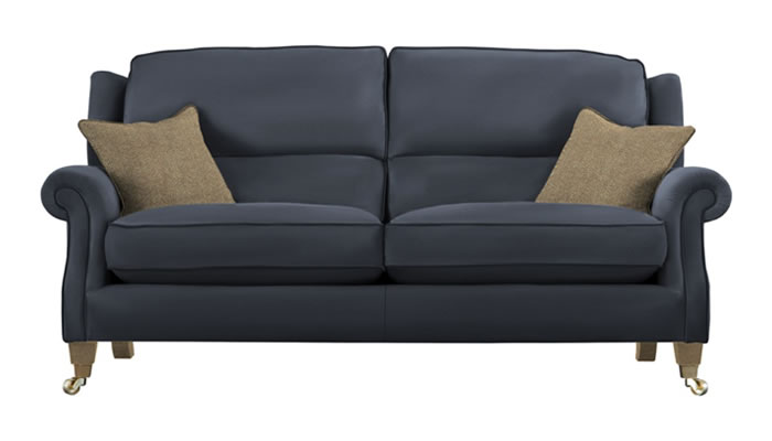 Parker Knoll Henley Large 2 Seater Sofa in Madri Storm Leather with Harris Slate Scatters and Vintage Oak Legs